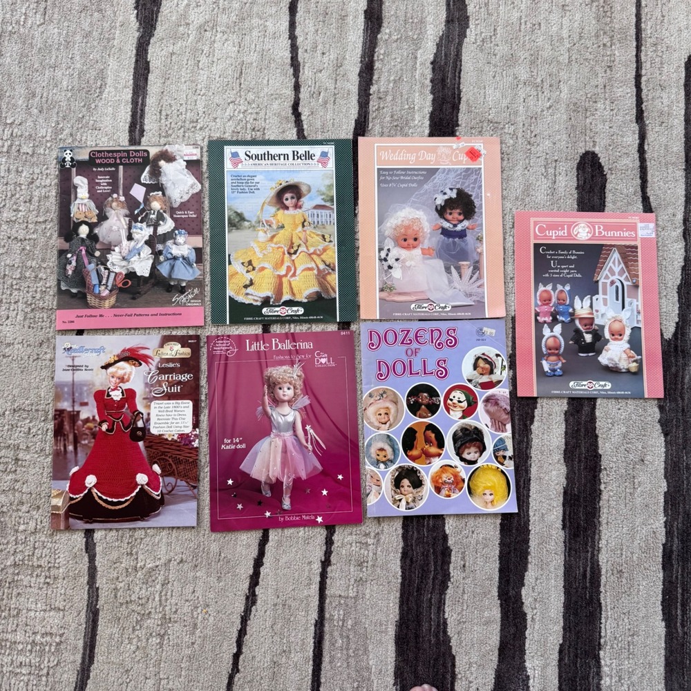 Lot of 7 VTG Doll Crochet Wood Cloth Pattern Booklets Fibre-Craft Needlecraft